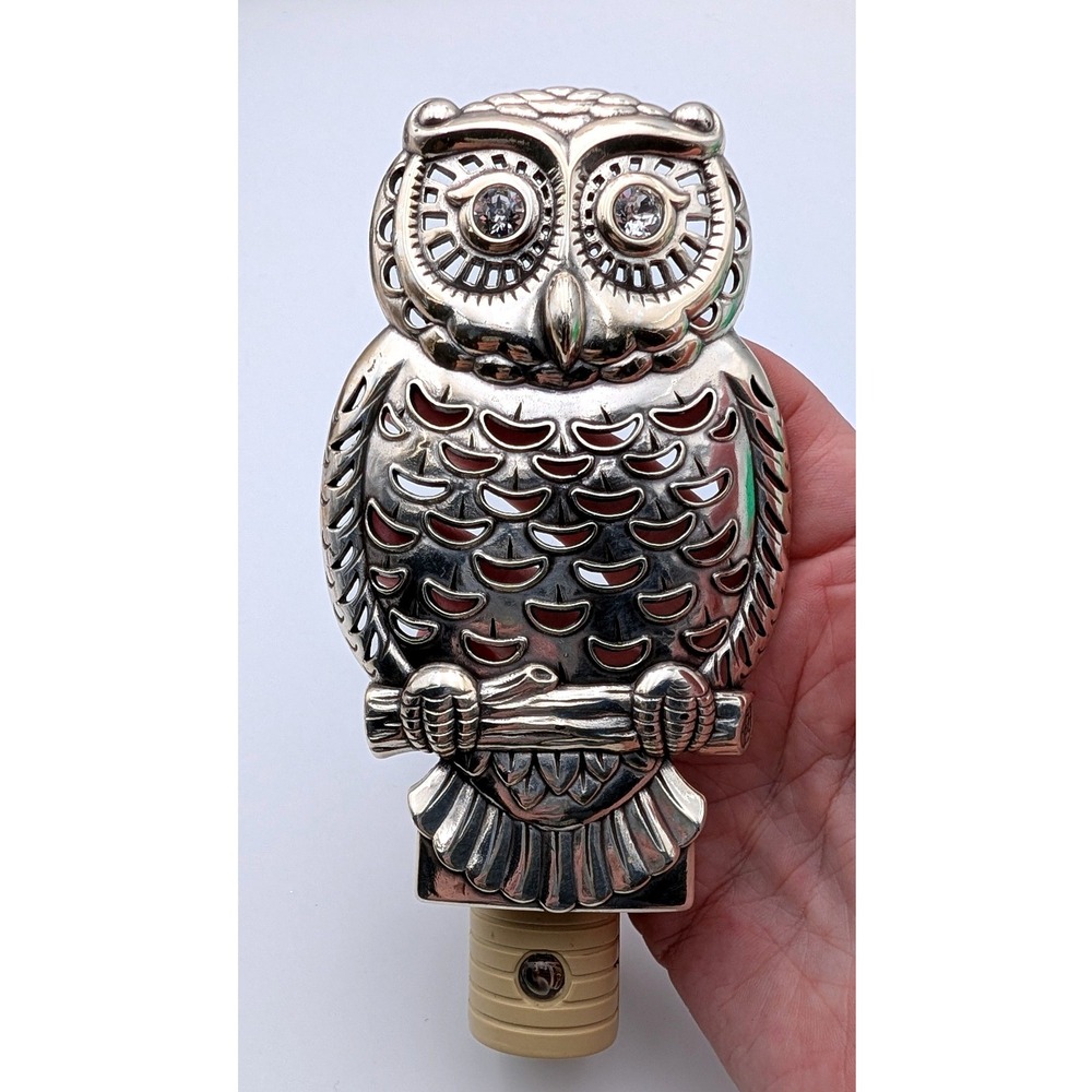Brighton Silver Owl Night Light Crystal Eyes Metal Cutout Plug In Wall Lamp